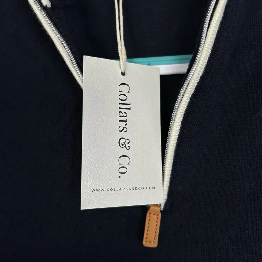 Collars & Co Sweater Mens S Navy Blue 1/4 Zip Cotton Cashmere Luxury Touch NWT